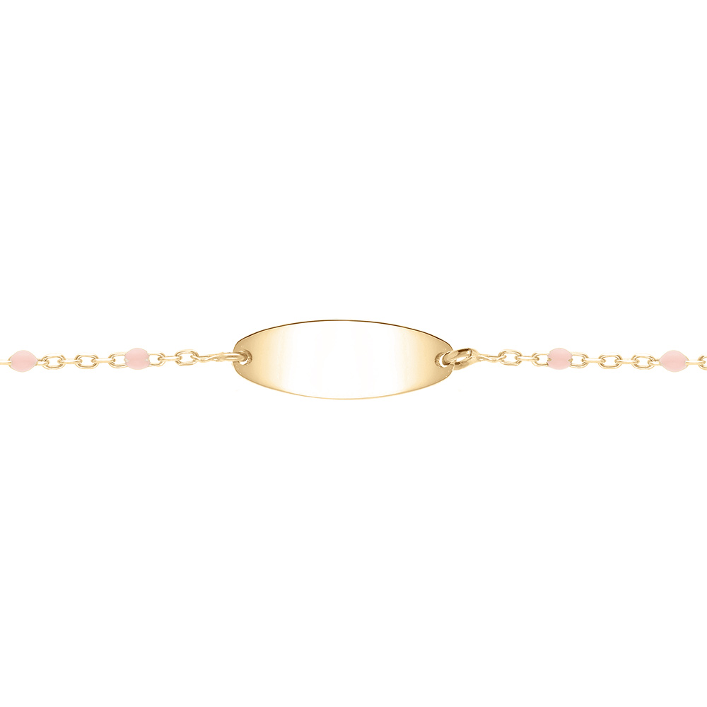 Gourmette bébé plaque ovale argent et dorure jaune, résine rose, réglable de 13cm à 15cm