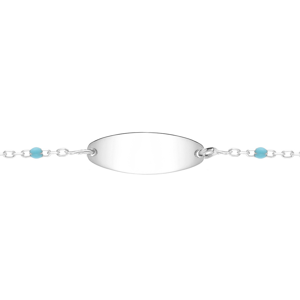 Gourmette bébé plaque ovale argent rhodié, résine bleu turquoise, réglable de 13cm à 15cm