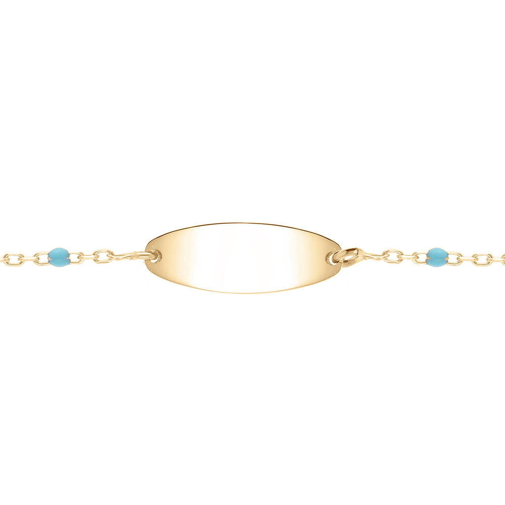 Gourmette bébé plaque ovale argent et dorure jaune, résine bleu turquoise, réglable de 13cm à 15cm