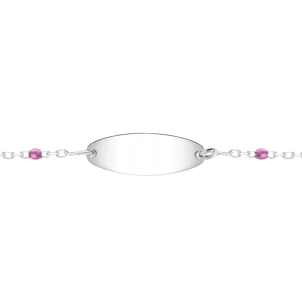 Gourmette bébé plaque ovale argent, résine violette, réglable de 13cm à 15cm