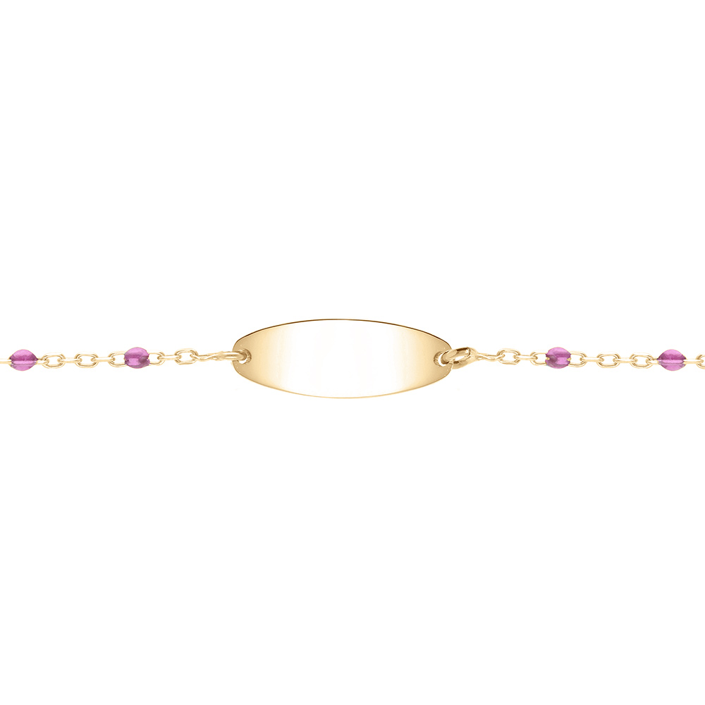 Gourmette bébé plaque ovale argent et dorure jaune, résine violette, réglable de 13cm à 15cm