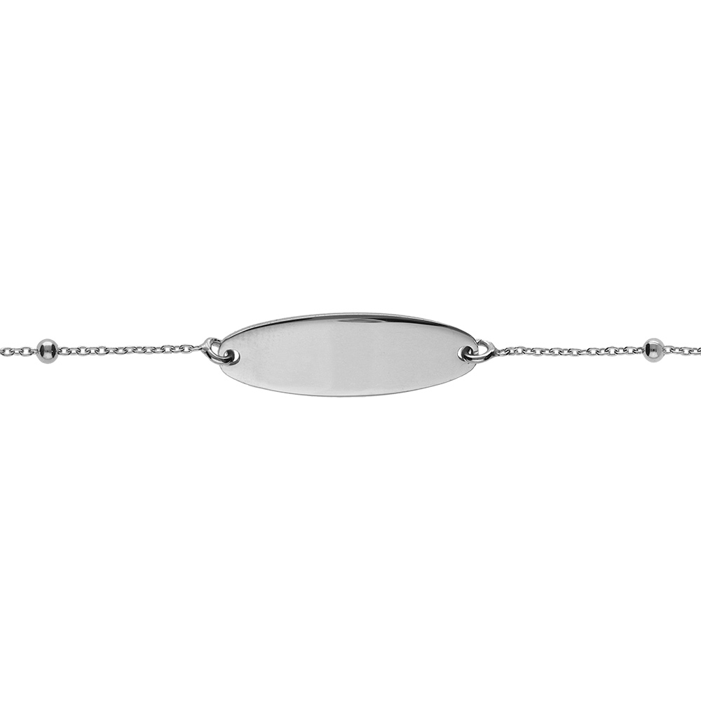 Gourmette pour bébé argent rhodié chaîne boule plaque ovale 15cm anneau 13cm