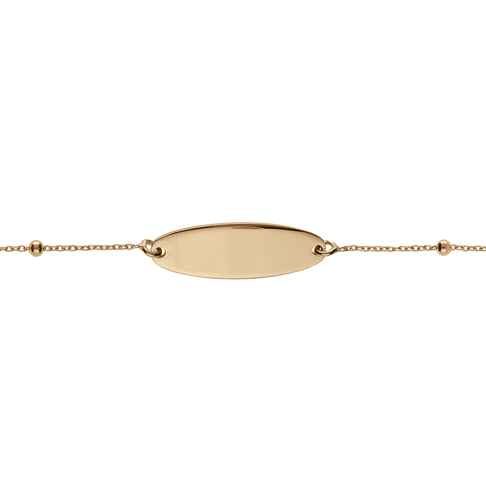 Gourmette pour bébé en argent et dorure jaune avec plaque ovale et chaîne boule réglable de 13 à 15 cm