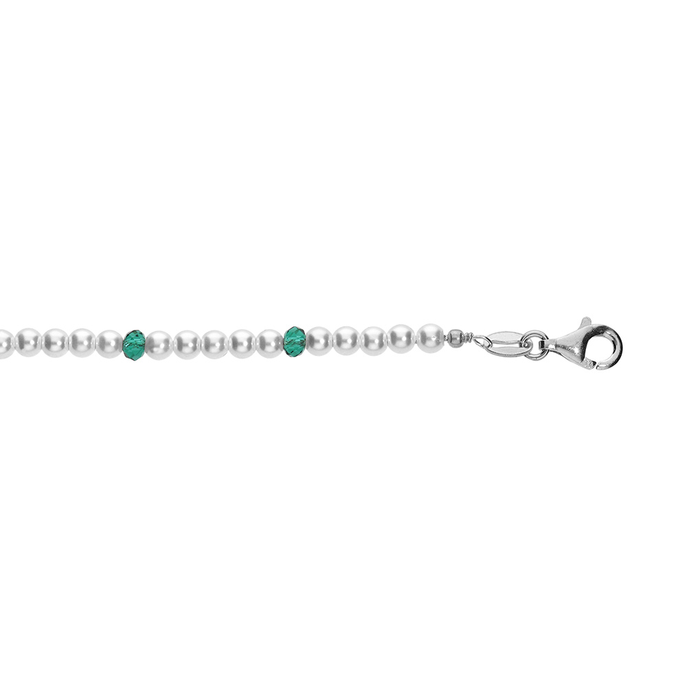 Bracelet en argent rhodié avec perles 3mm blanche de synthèse et perles vertes 16+3cm