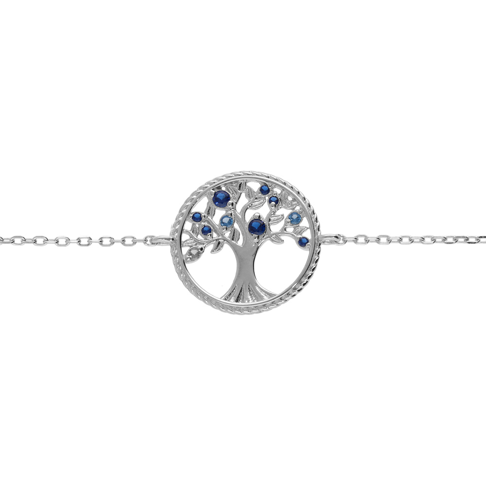 Bracelet en argent rhodié chaîne avec pastille arbre de vie contour perlé et oxydes dégradé bleu 16+2cm