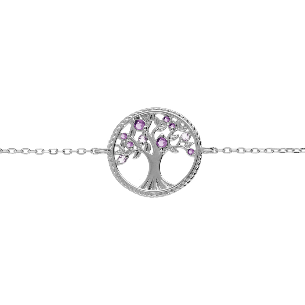 Bracelet en argent rhodié chaîne avec pastille arbre de vie contour perlé et oxydes violets 16+2cm