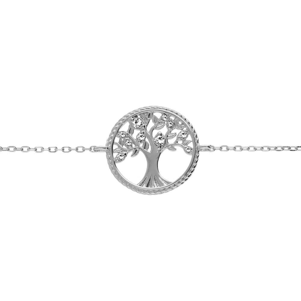 Bracelet en argent rhodié chaîne avec pastille arbre de vie contour perlé et oxydes blancs 16+2cm