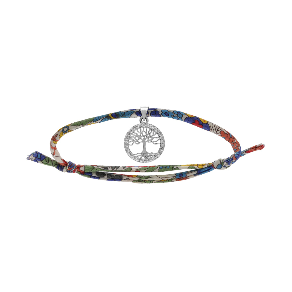 Bracelet liberty tissu fleuri une pampille arbre de vie en argent rhodié avec oxydes blancs sertis, réglable