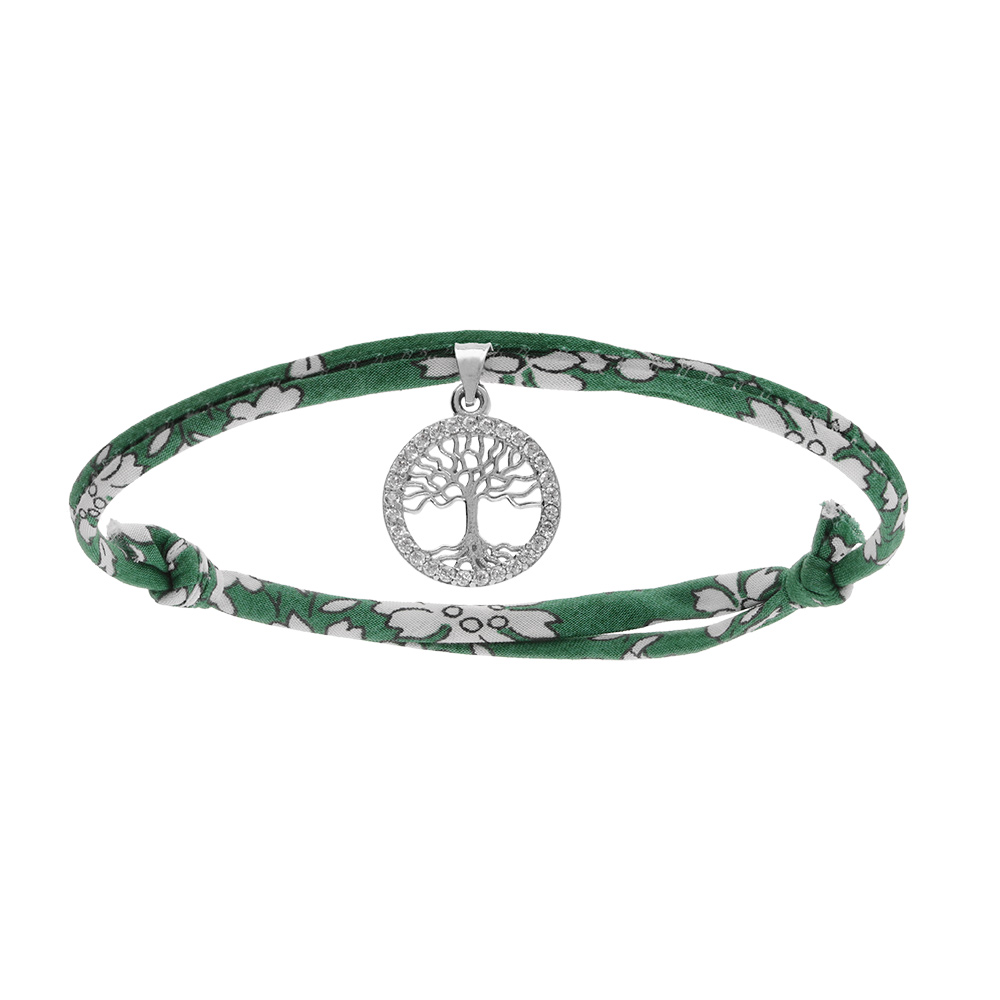 Bracelet liberty tissu fleuri vert une pampille arbre de vie argent rhodié avec oxydes blancs sertis, réglable