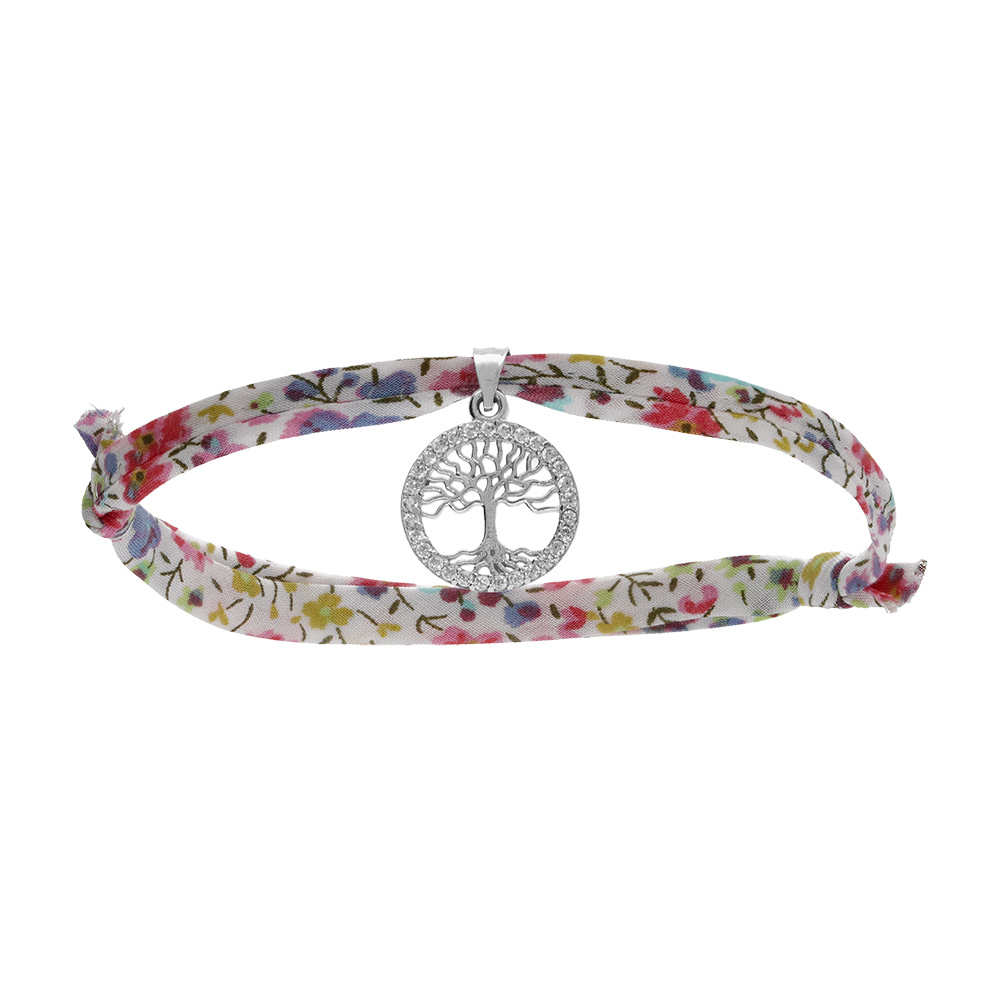 Bracelet liberty tissu fleuri rose une pampille arbre de vie argent rhodié avec oxydes blancs sertis, réglable