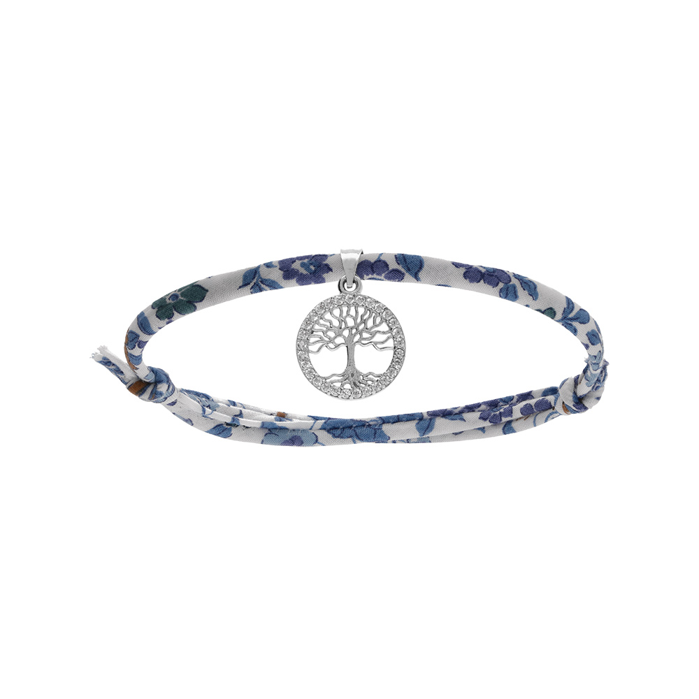 Bracelet liberty tissu fleuri bleu une pampille arbre de vie en argent rhodié avec oxydes blancs sertis, réglable