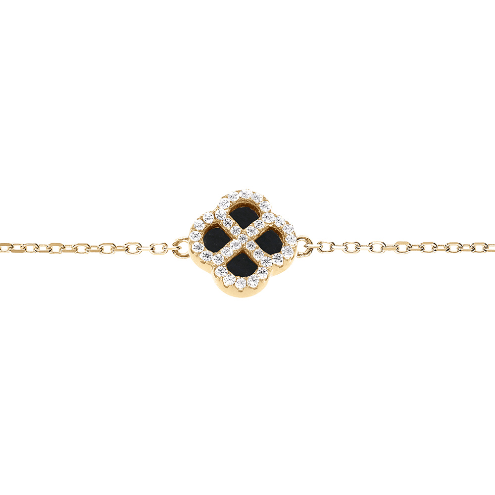 Bracelet en argent doré trèfle agate noire et contour d'oxydes blancs 16+3cm