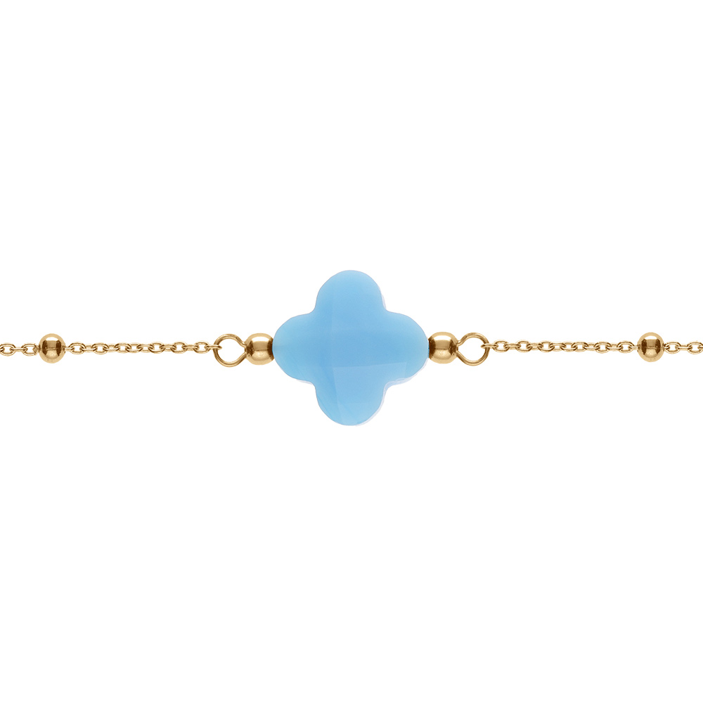 Bracelet en argent doré chaîne boules trèfle en verre faceté bleu ciel 16+3cm