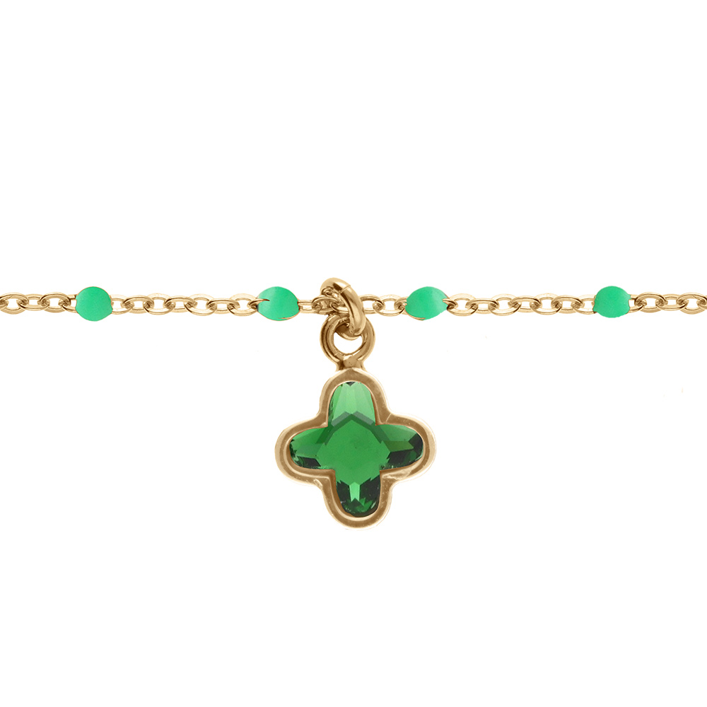 Bracelet en argent doré boules résine verte et pampille trèfle cristal vert - 15+3cm