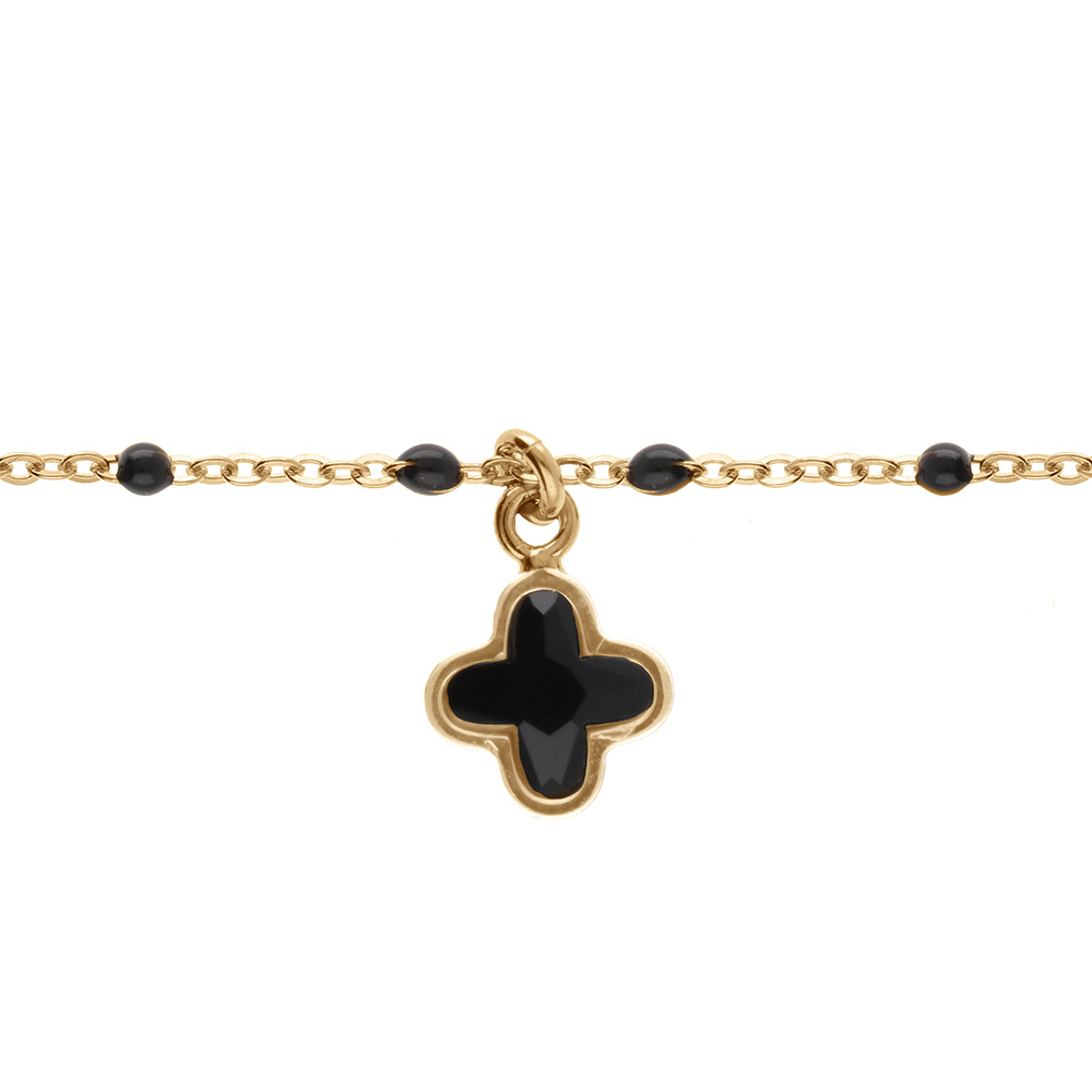 Bracelet en argent doré boules résine noire et pampille trèfle cristal noir - 15+3cm