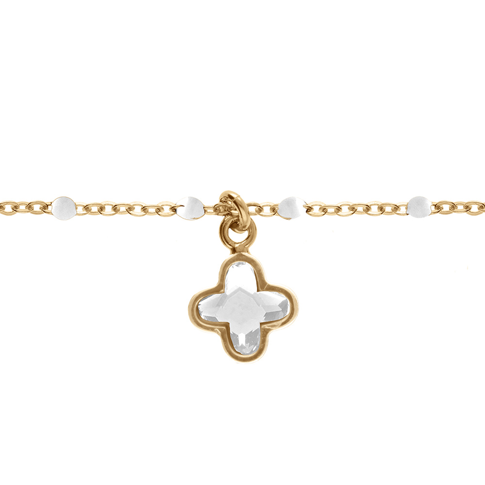 Bracelet en argent doré boules résine blanche et  pampille trèfle cristal blanc - 15+3cm