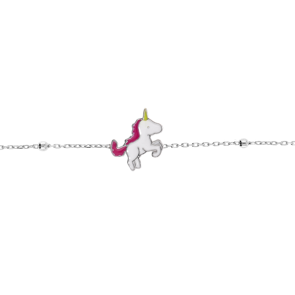 Bracelet argent rhodié boules avec licorne entiere réglable 13 à 16cm