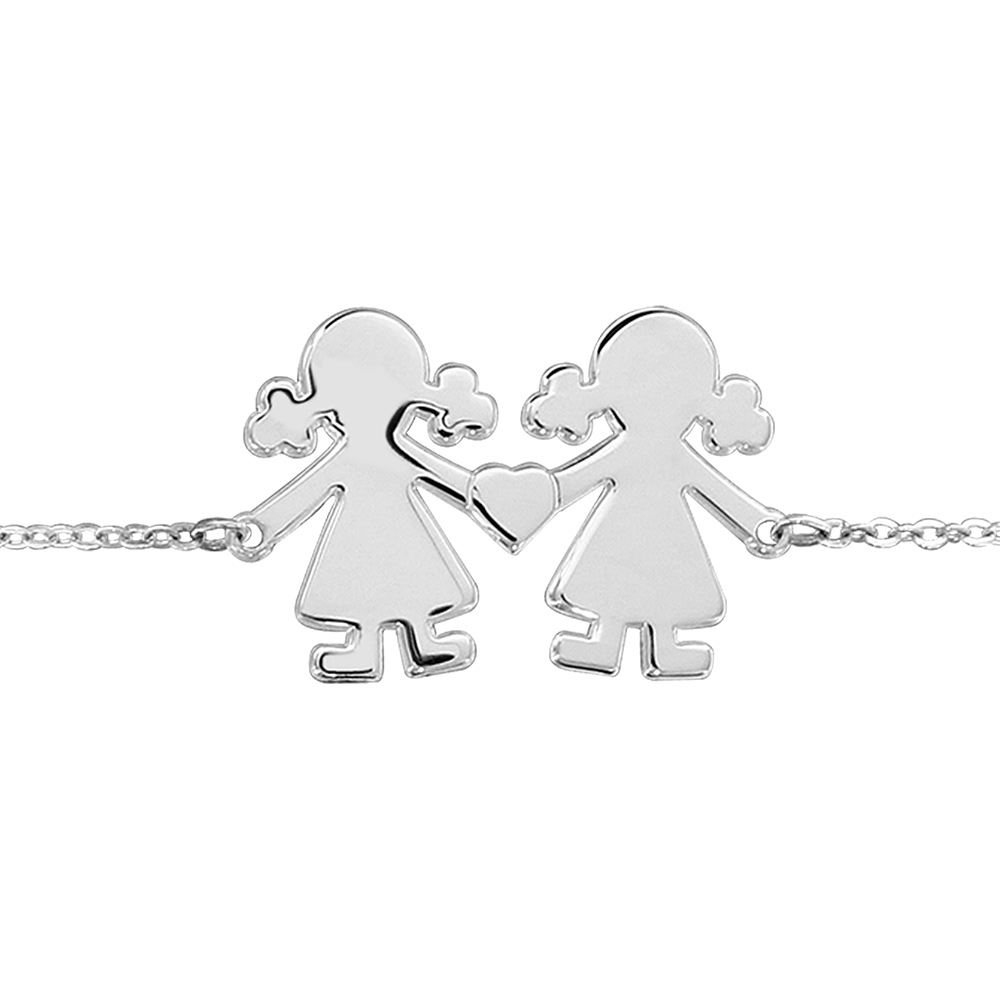 Bracelet en argent chaîne avec 2 petites filles reliées par un coeur au milieu - longueur 16cm + 3cm de rallonge