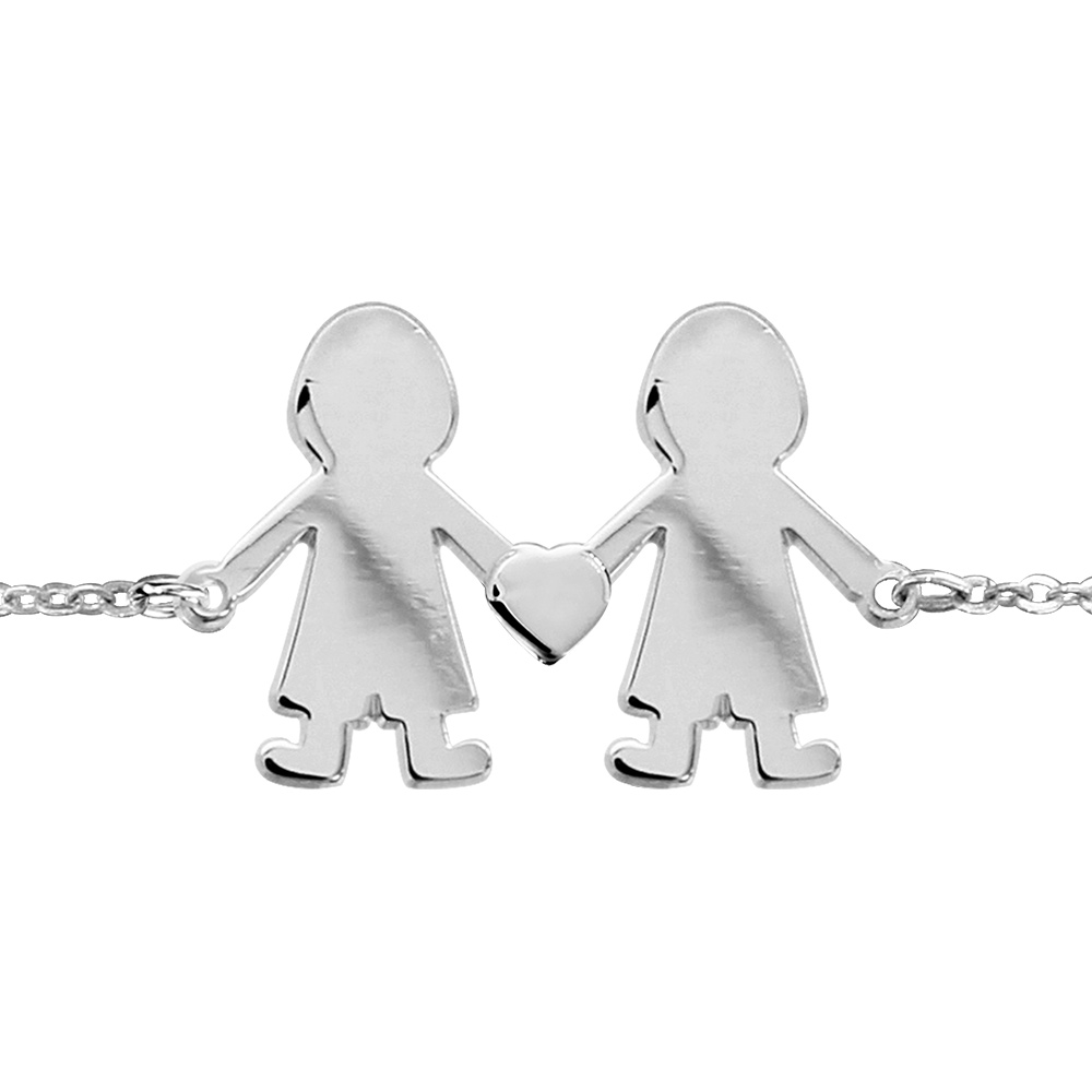 Bracelet en argent chaîne avec 2 petits garçons reliés par un coeur au milieu - longueur 16cm + 3cm de rallonge