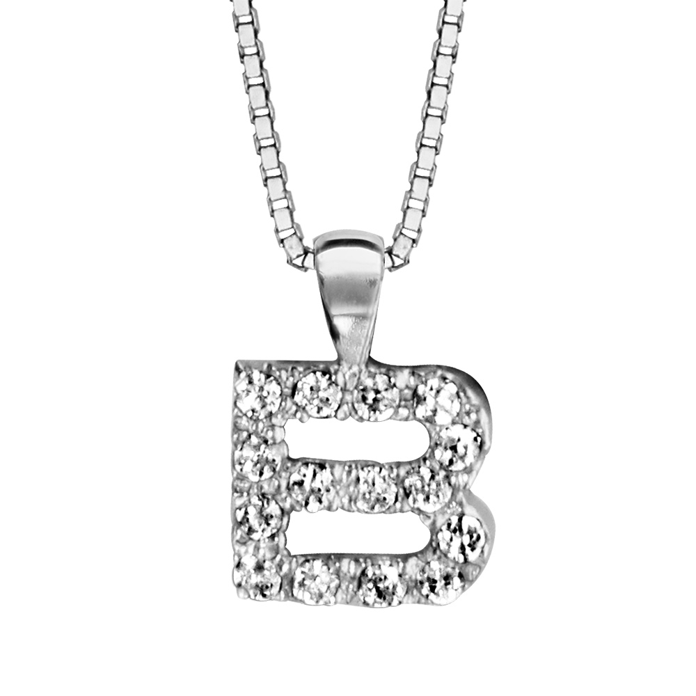 Collier en argent rhodié chaîne avec pendentif initiale B ornée d'oxydes blancs - longueur 45cm