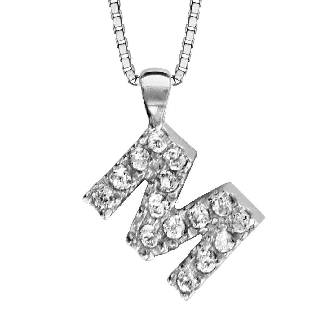 Collier en argent rhodié chaîne avec pendentif initiale M ornée d'oxydes blancs - longueur 45cm