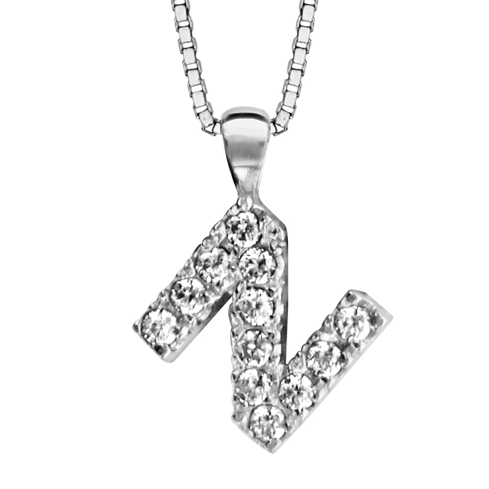 Collier en argent rhodié chaîne avec pendentif initiale N ornée d'oxydes blancs - longueur 45cm