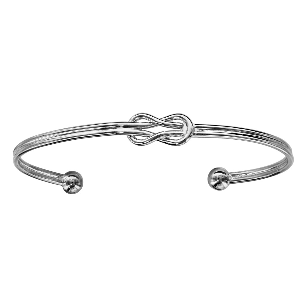 Bracelet jonc en argent rhodié ouvert orné d'1 noeud marin et fini par 2 boules