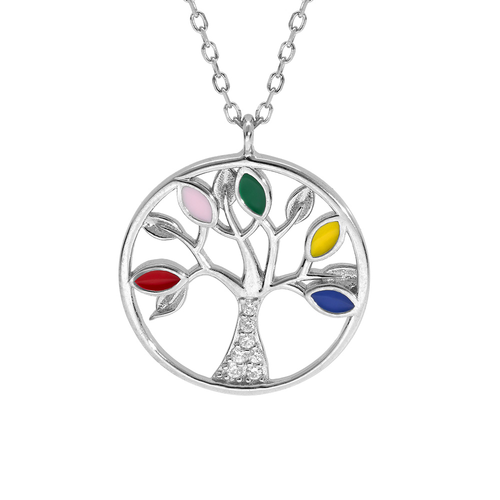 Collier en argent rhodié chaîne avec pendentif arbre de vie résine multi couleurs et oxydes blancs 40+5cm