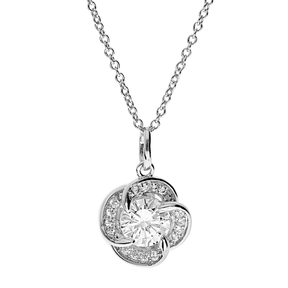 Collier en argent rhodié chaîne avec pendentif noeud d'amour pavé d'oxydes blancs 40+4cm