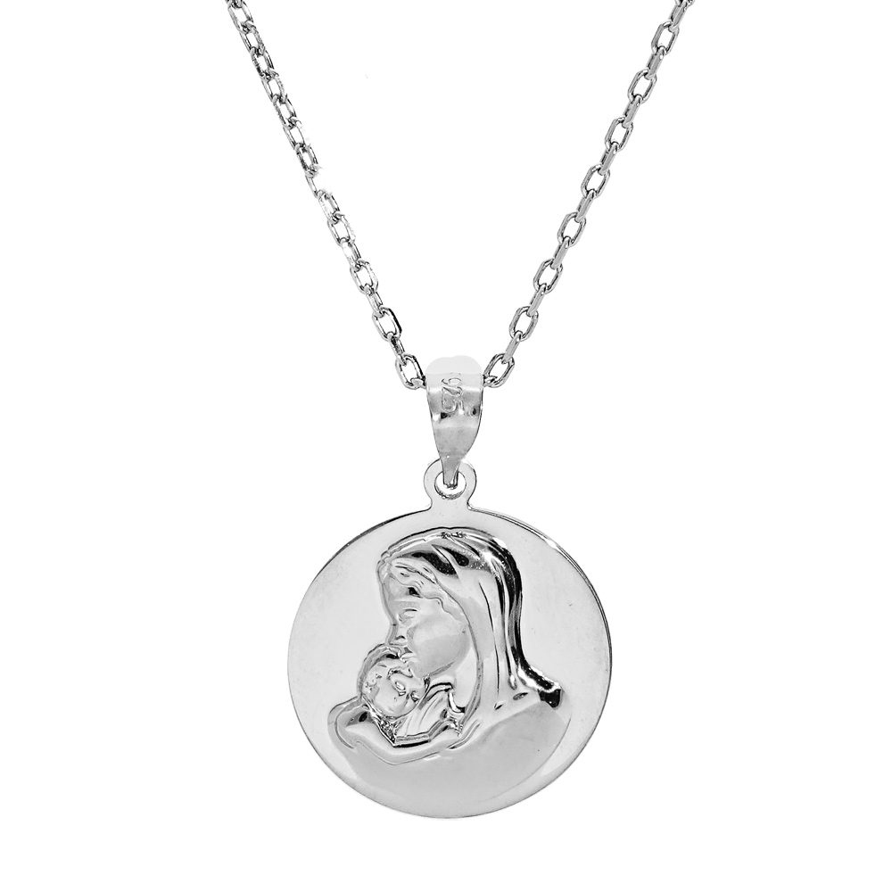 Collier en argent rhodié chaîne avec pendentif médaille vierge et l'enfant en relief 40+5cm