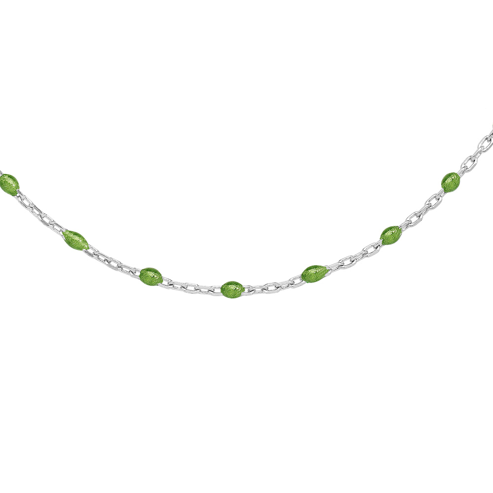 Collier sautoir en argent rhodié chaîne avec olives vertes 60+10cm