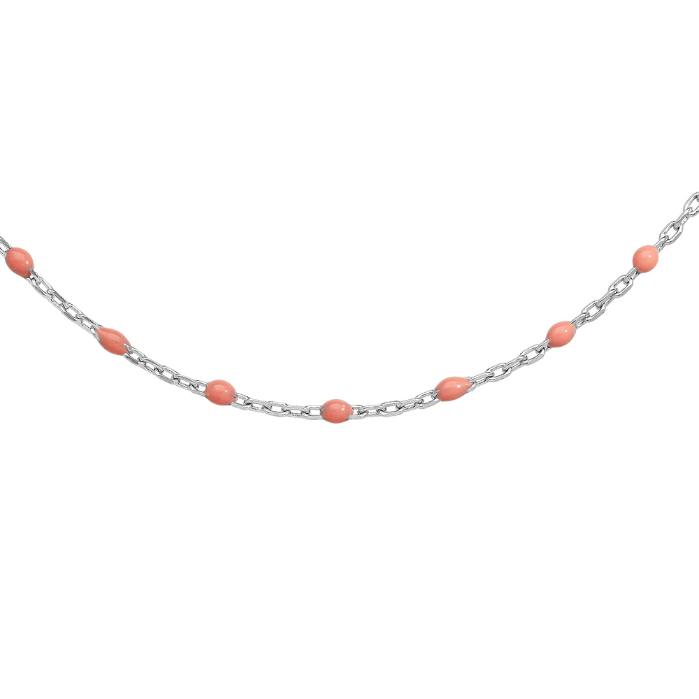 Collier sautoir en argent rhodié chaîne avec olives roses 60+10cm