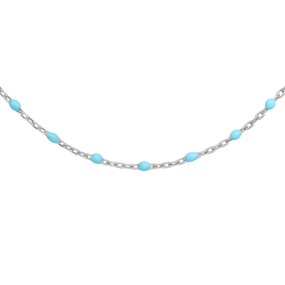 Sautoir en argent rhodié avec perles couleur turquoise 60+10cm