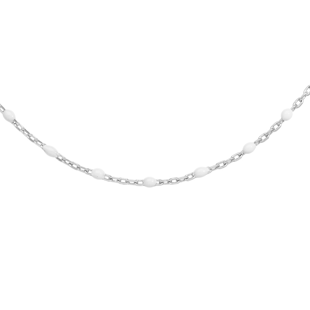 Collier Sautoir en argent rhodié chaîne avec olives couleur blanche 60+10cm