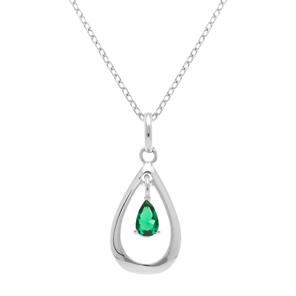 Collier en argent rhodié goutte ovale 15mm avec oxyde vert - 42+3cm