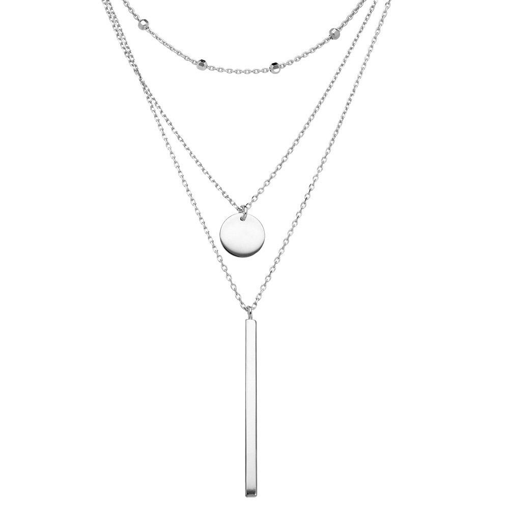 Collier en argent rhodié avec triple chaîne Pendentifs tube et médaille 42+3cm