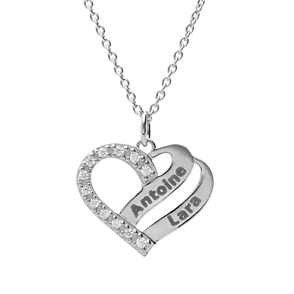 Collier en argent platiné chaîne avec pendentif coeur prénom à graver avec oxydes blancs sertis 42+3cm
