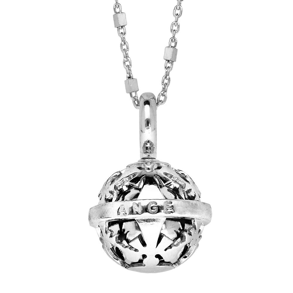 Collier en argent rhodié avec bola de grossesse motifs ajourés Anges "tu es mon Ange" 14mm longueur 90+10cm