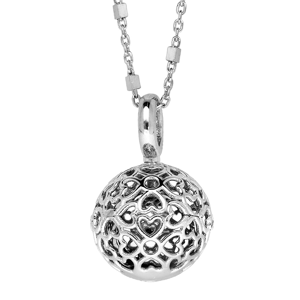 Collier en argent rhodié avec bola de grossesse motifs cœurs ajourés 13mm longueur 90+10cm