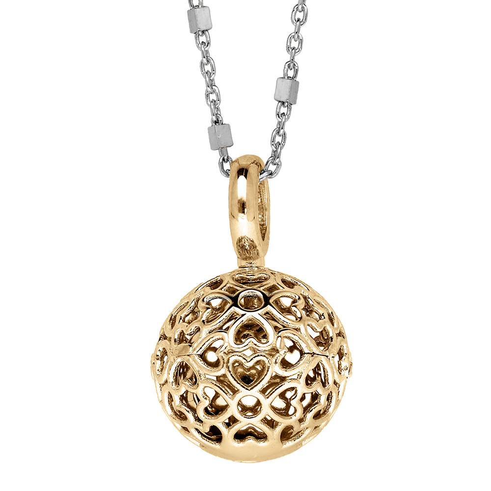 Collier en argent et dorure jaune bola de grossesse 13mm coeurs ajourés 90+20cm