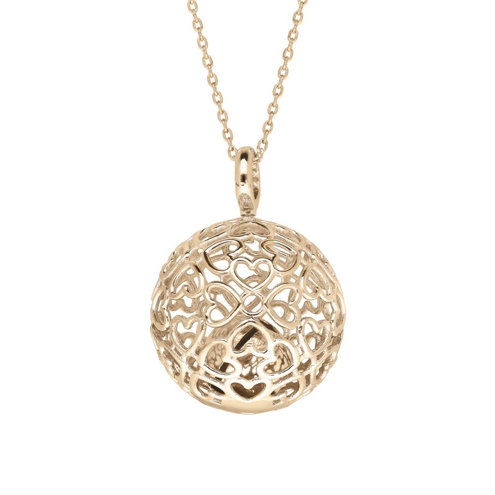 Collier Bola de grossesse avec chaîne en argent et boule dorure jaune 20mm coeurs ajourés 90+10cm