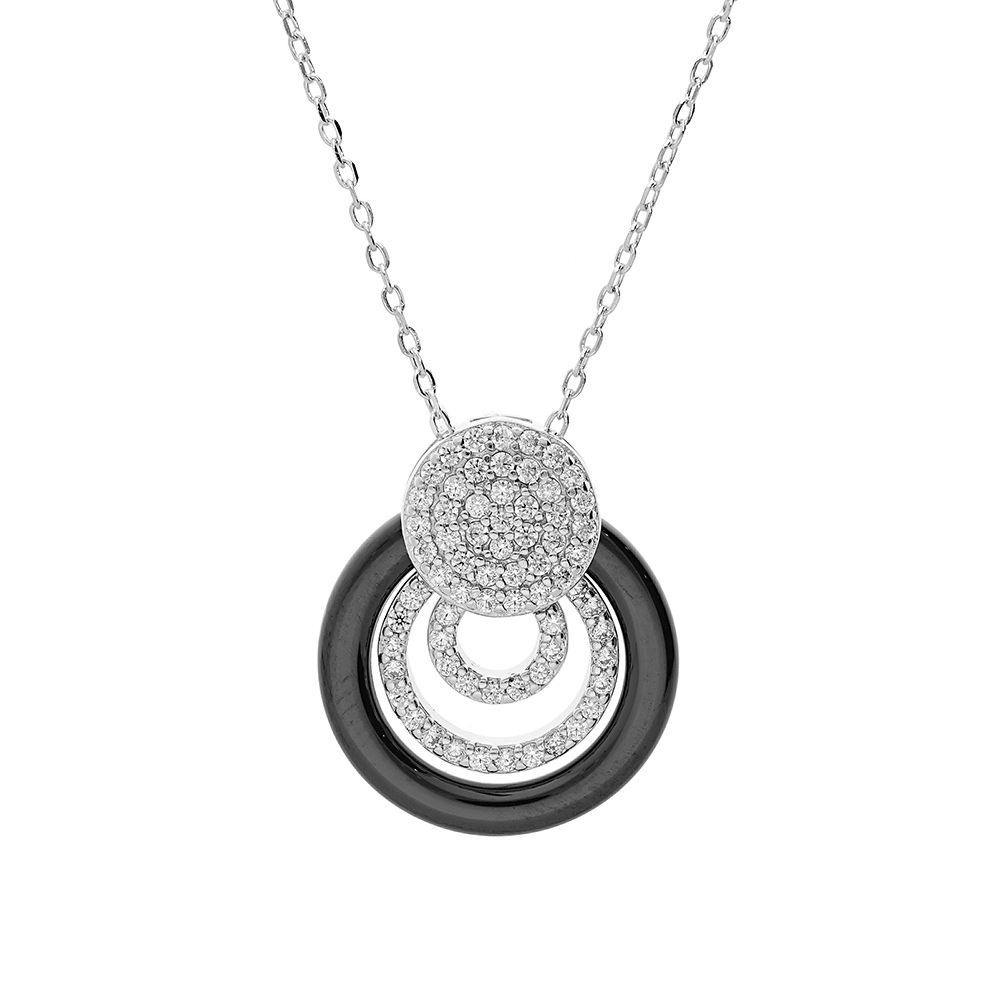 Collier en argent rhodié massif chaîne avec pendentif anneau céramique noire et pastilles oxydes blancs sertis 40+5cm