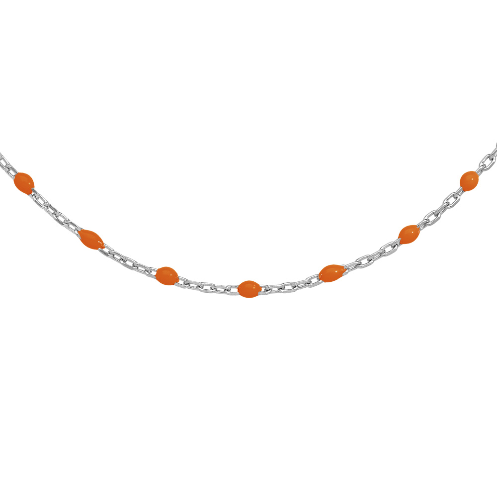 Collier en argent rhodié chaîne avec perles oranges fluo 40+5cm