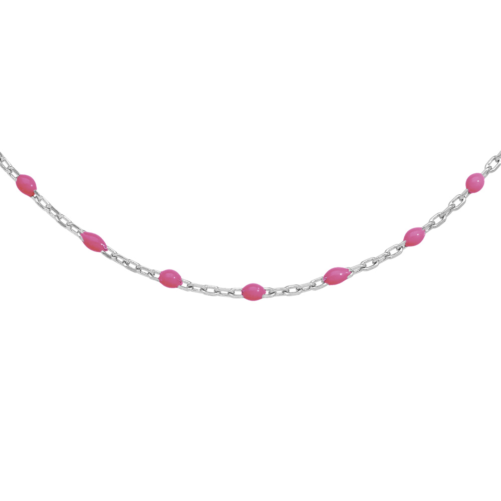 Sautoir en argent rhodié avec perles rose fluo 60+10cm