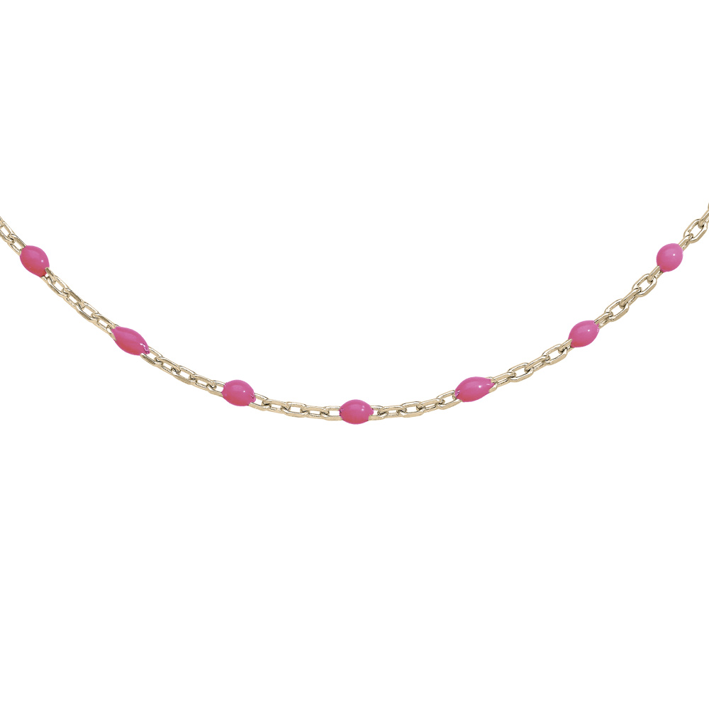 Sautoir argent et dore jaune avec olives couleur rose fluo 60+10cm