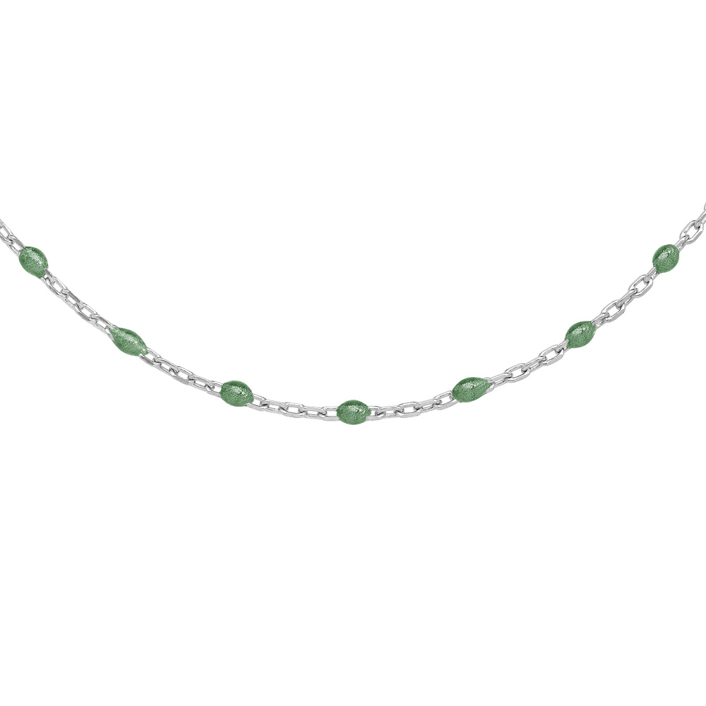 Sautoir en argent rhodié avec perles vert fluo 60+10cm