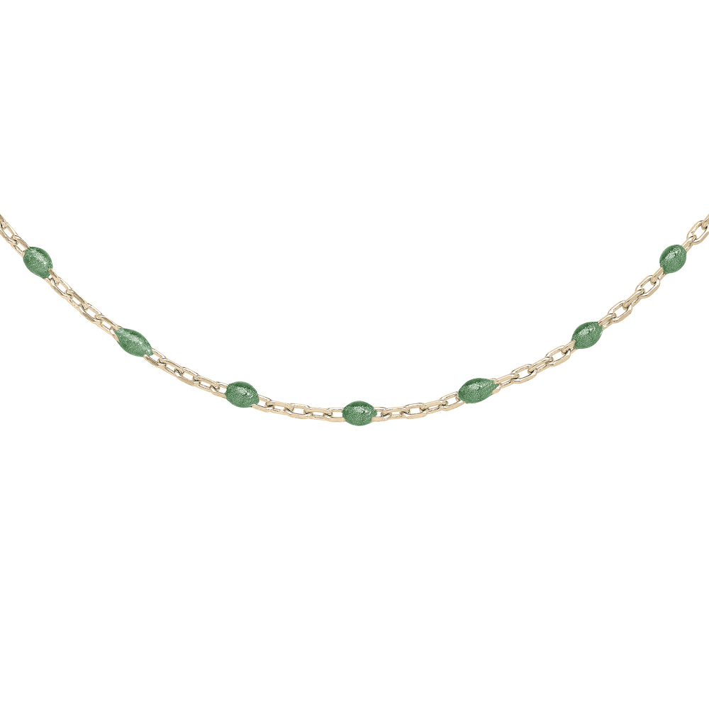 Sautoir en argent et dorure jaune avec olives couleur vert fluo 60+10cm