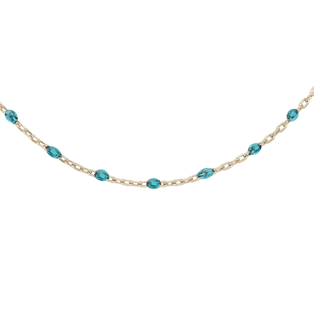 Collier Sautoir en argent et dorure jaune chaîne avec olives couleur bleu transparent 60+10cm