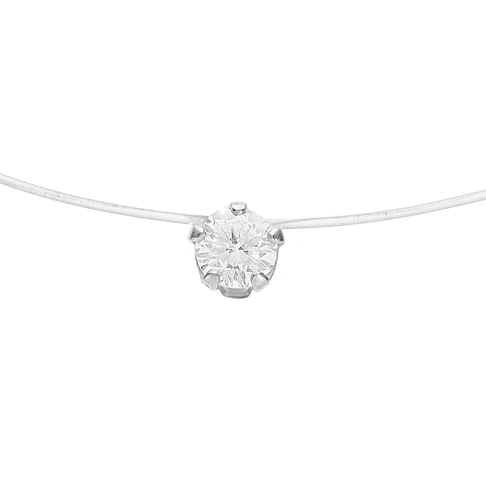 Collier argent rhodié fil nylon solitaire oxyde blanc 5mm réglable jusqu'a 50cm