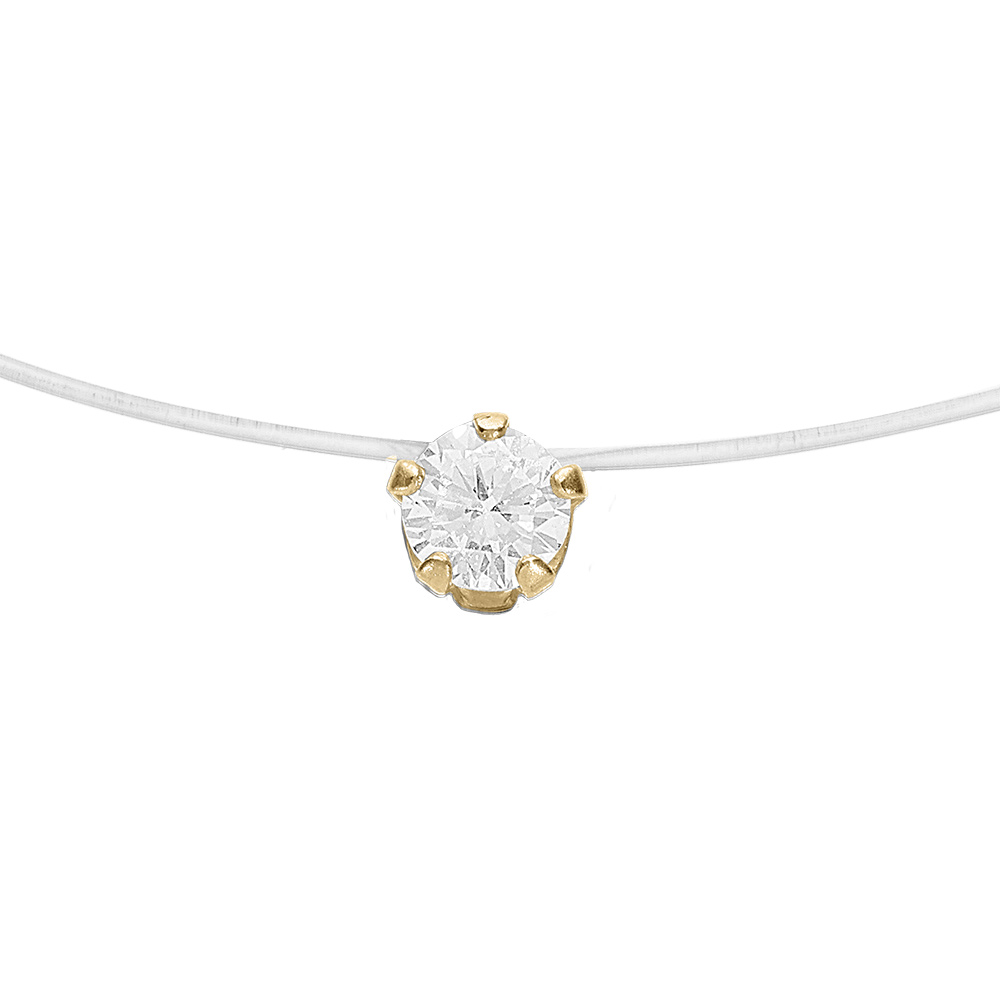 Collier argent doré jaune fil nylon solitaire oxyde blanc 5mm réglable jusqu'a 50cm